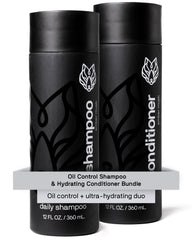 Shampoing Black Wolf pour hommes, bouteille affichant le contrôle de l’huile.