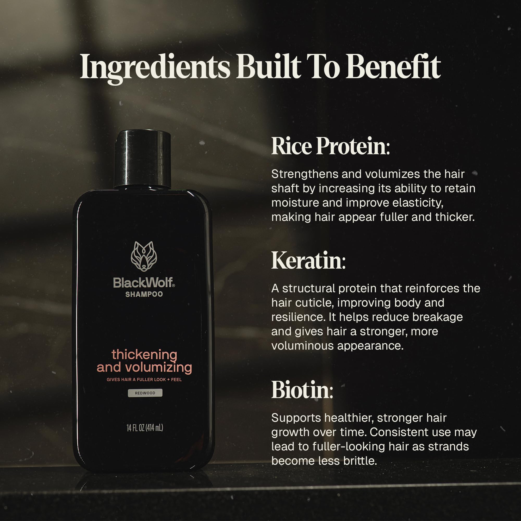 Redwood-scented Black Wolf shampoo evokes woodsy daily confidence