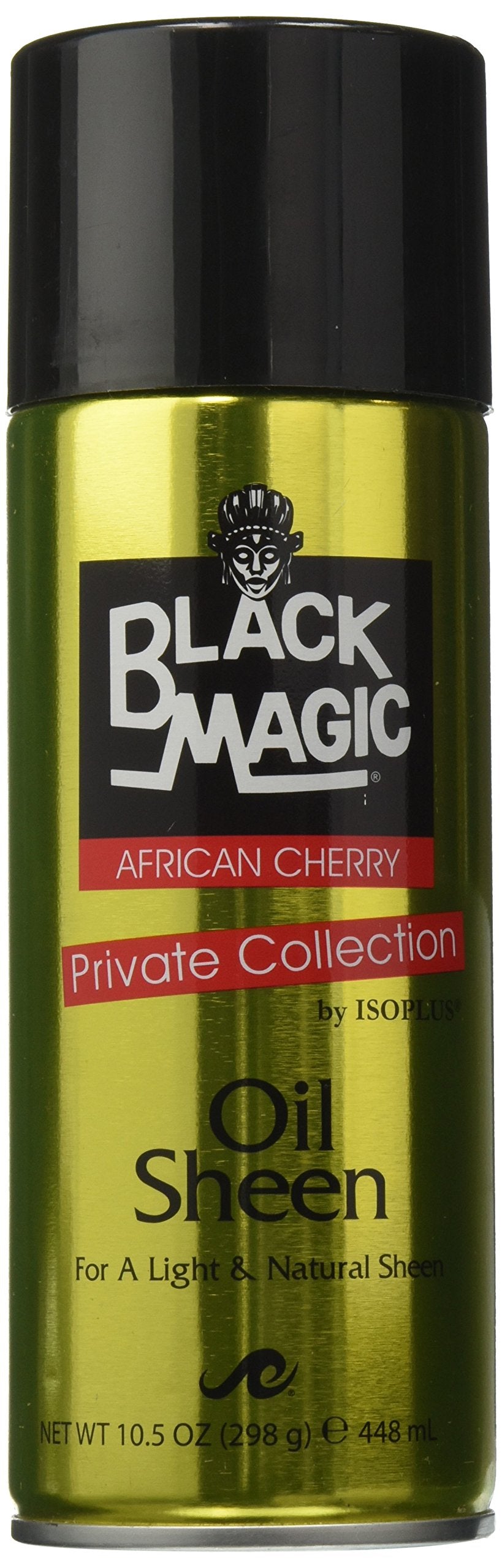 Black Magic Oil Sheen cerise — bouteille montrant une brillance durable sur cheveux.