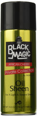 Black Magic Oil Sheen cerise — bouteille montrant une brillance durable sur cheveux.