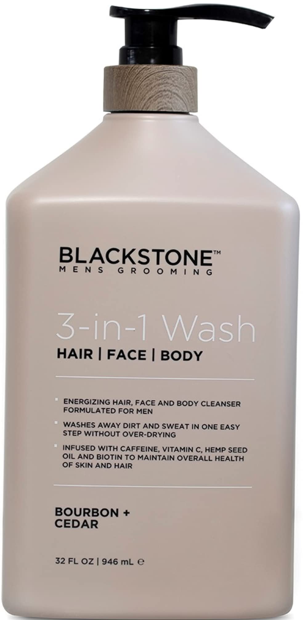 Blackstone 3-en-1: bouteille Bourbon Cedar, nettoie cheveux, visage et corps en douceur.