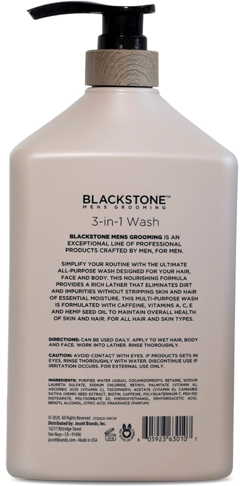 Blackstone 3-en-1: mousse dense, hydratation légère pour peau et cheveux.