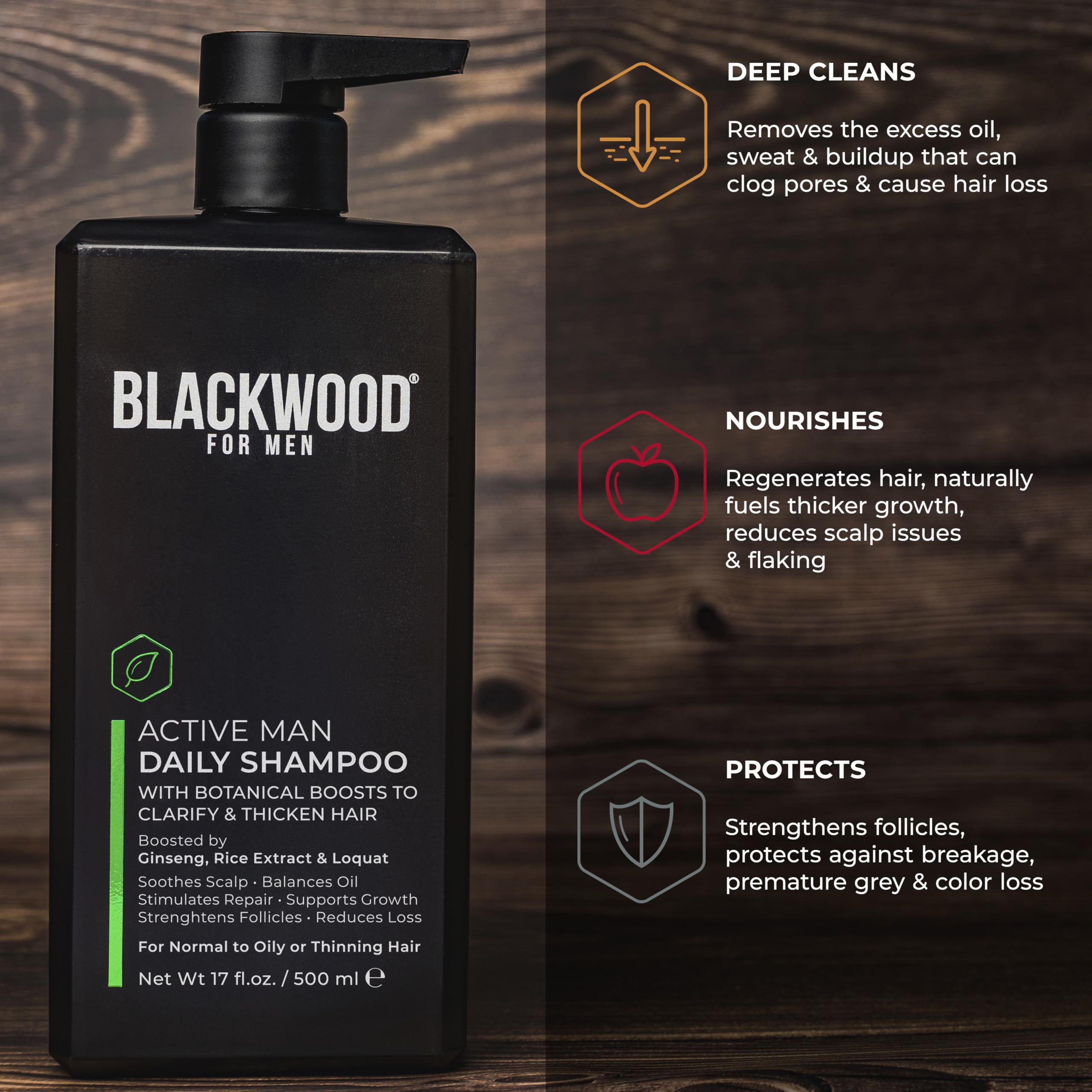 Extraits de ginseng et d’aloe vera présents dans le shampooing Blackwood pour hommes.
