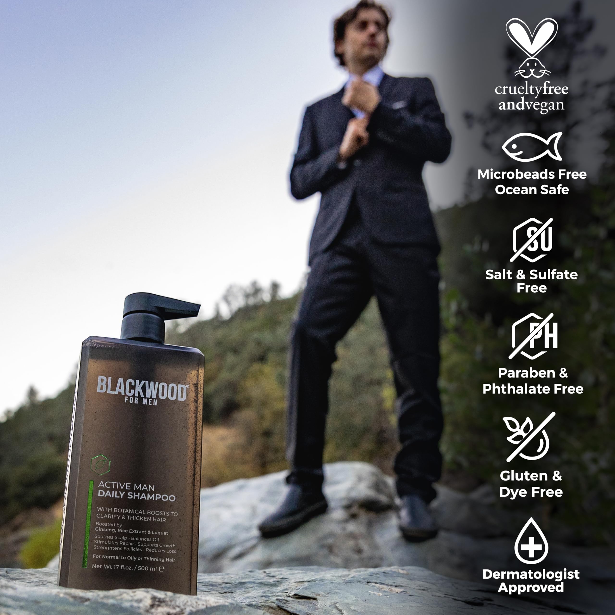 Sensation fraîche grâce au menthol dans le shampooing quotidien Blackwood.