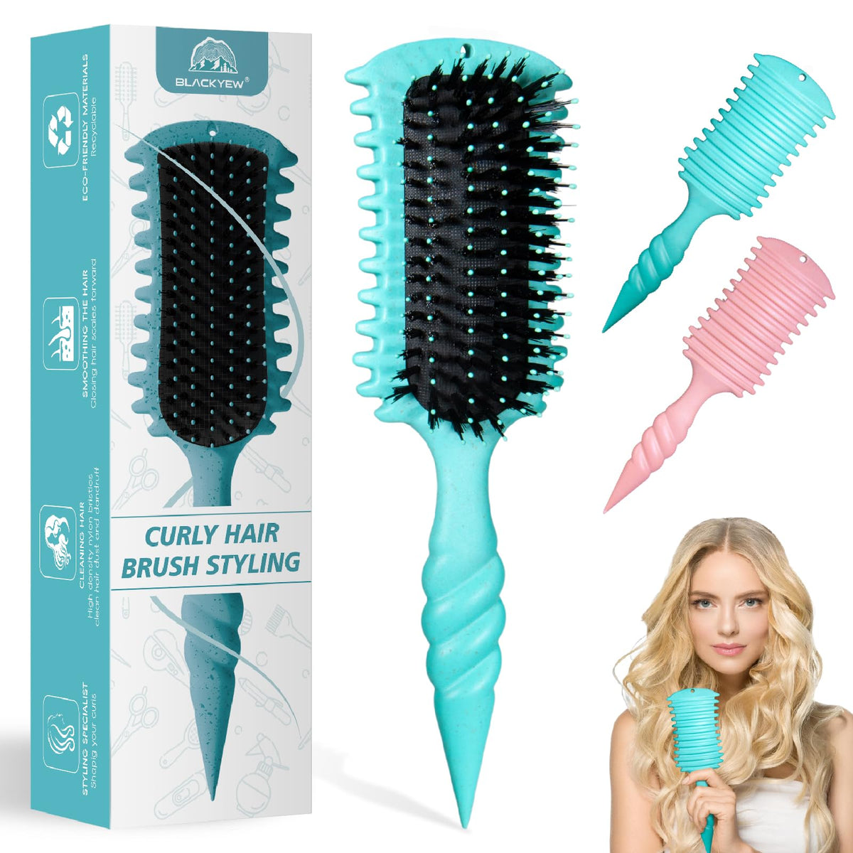 Brosse BLACKYEW pour boucles avec poignée ergonomique offrant une prise en main confortable.