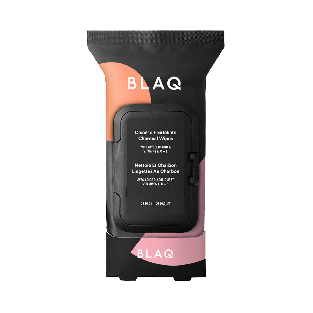 Lingettes BLAQ Charbon Actif – emballage visible, nettoyage en douceur et préparation de la peau.