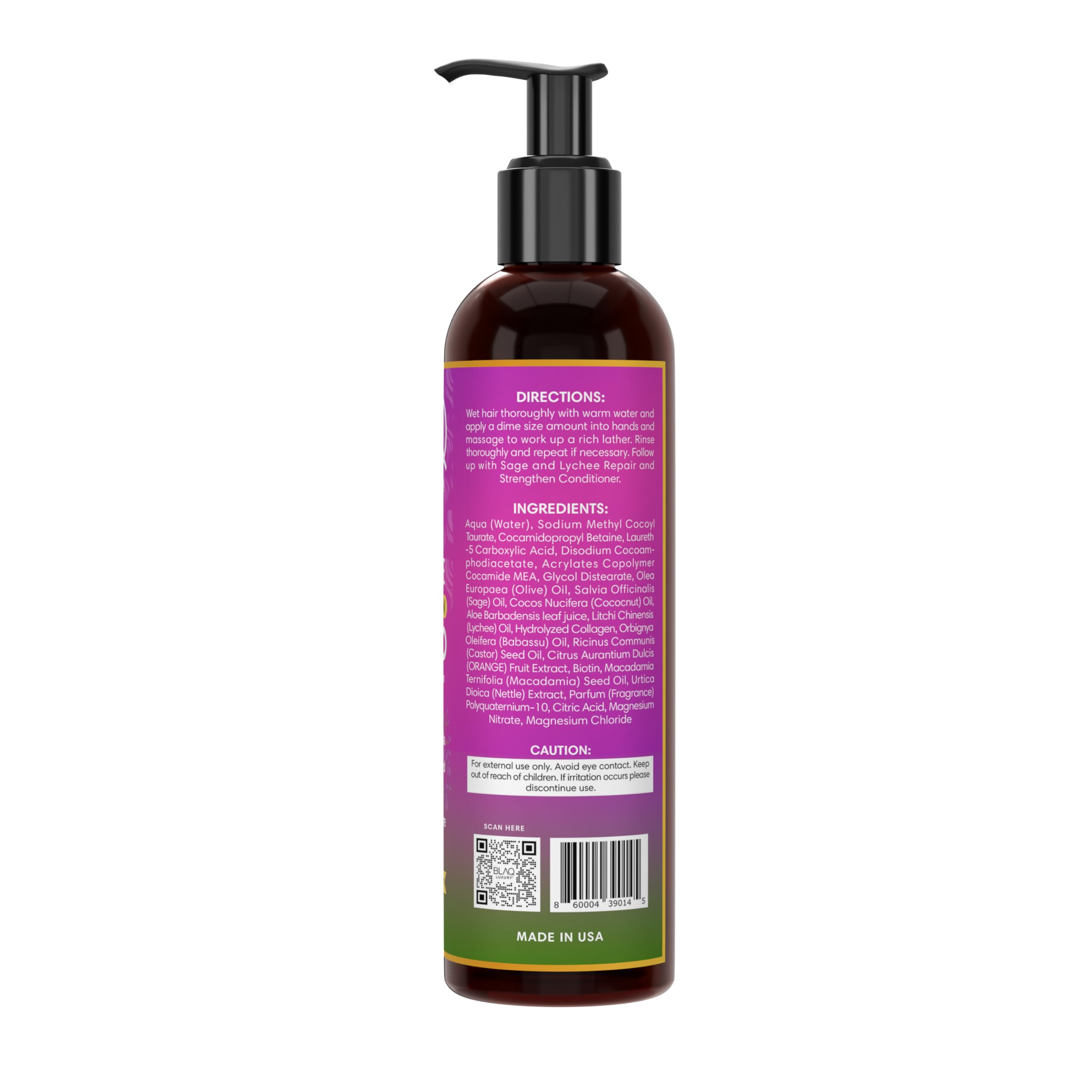 Shampooing Sage & Lychee: mousse généreuse nettoyant sans agresser les cheveux.