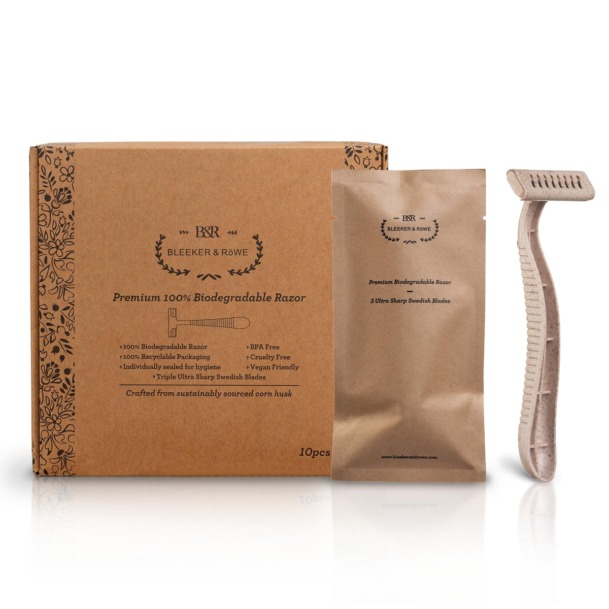Bleeker & Röwe rasoir biodégradable avec emballage individuel, pratique pour les voyages.
