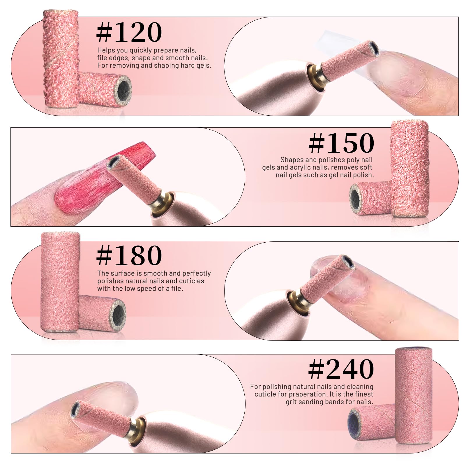 Ensemble bandes poncage pour perceuse a ongles BLESWIN en usage salon.