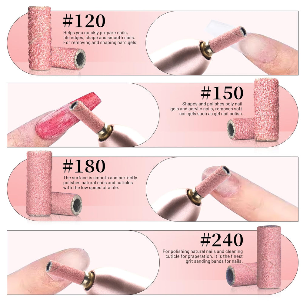 Ensemble bandes poncage pour perceuse a ongles BLESWIN en usage salon.