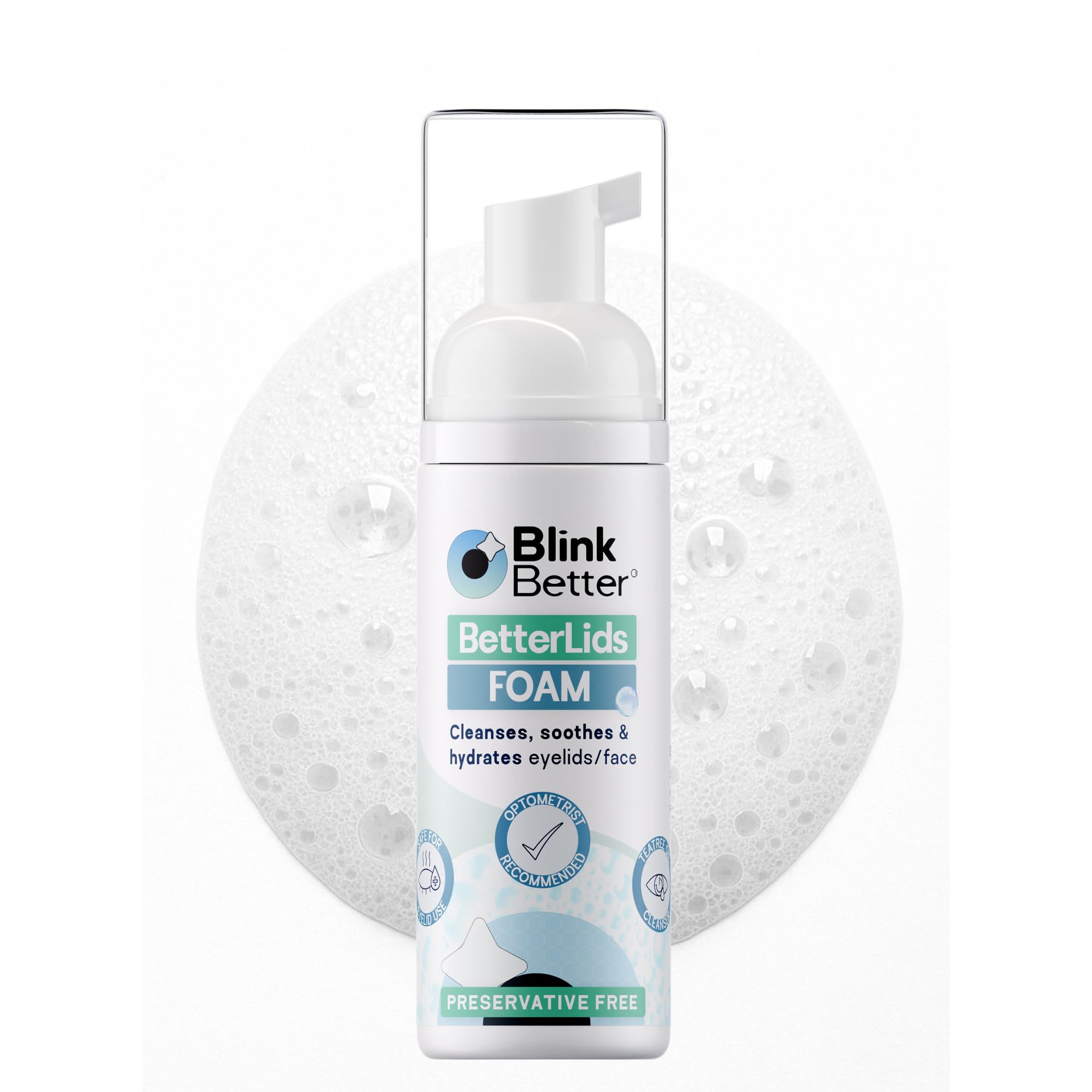 BlinkBetter bouteille mousse nettoyante yeux, hygiène quotidienne douce et efficace.