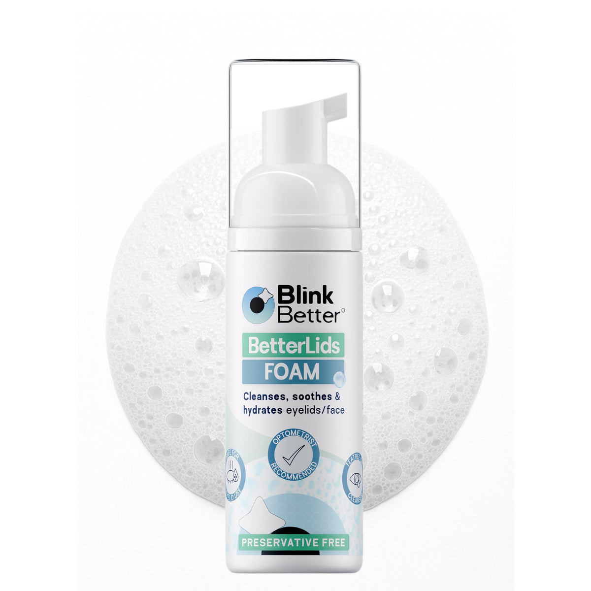 BlinkBetter bouteille mousse nettoyante yeux, hygiène quotidienne douce et efficace.
