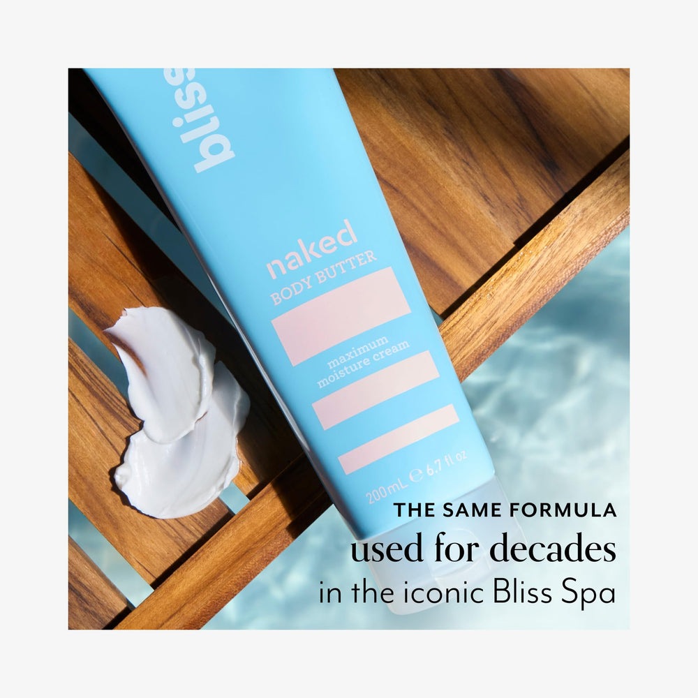 Application corps Bliss Naked, texture légère et non grasse pour routine rapide.