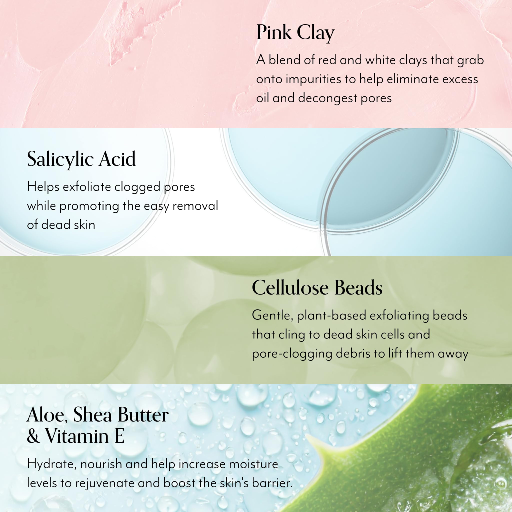 Bliss argile rose et acide salicylique visibles dans la routine de soin.