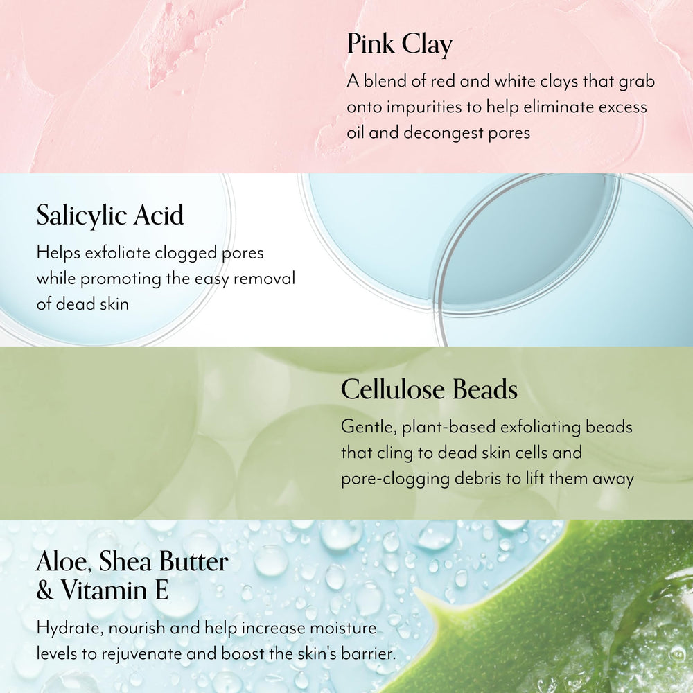 Bliss argile rose et acide salicylique visibles dans la routine de soin.