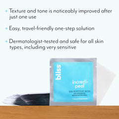 Tampon Bliss Incredi-Peel appliqué sur peau propre la nuit sans rinçage.