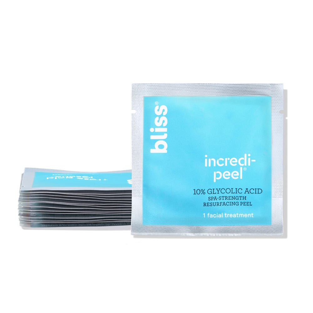 Boîte Bliss Incredi-Peel 15 tampons glycoliques, format pratique voyage.