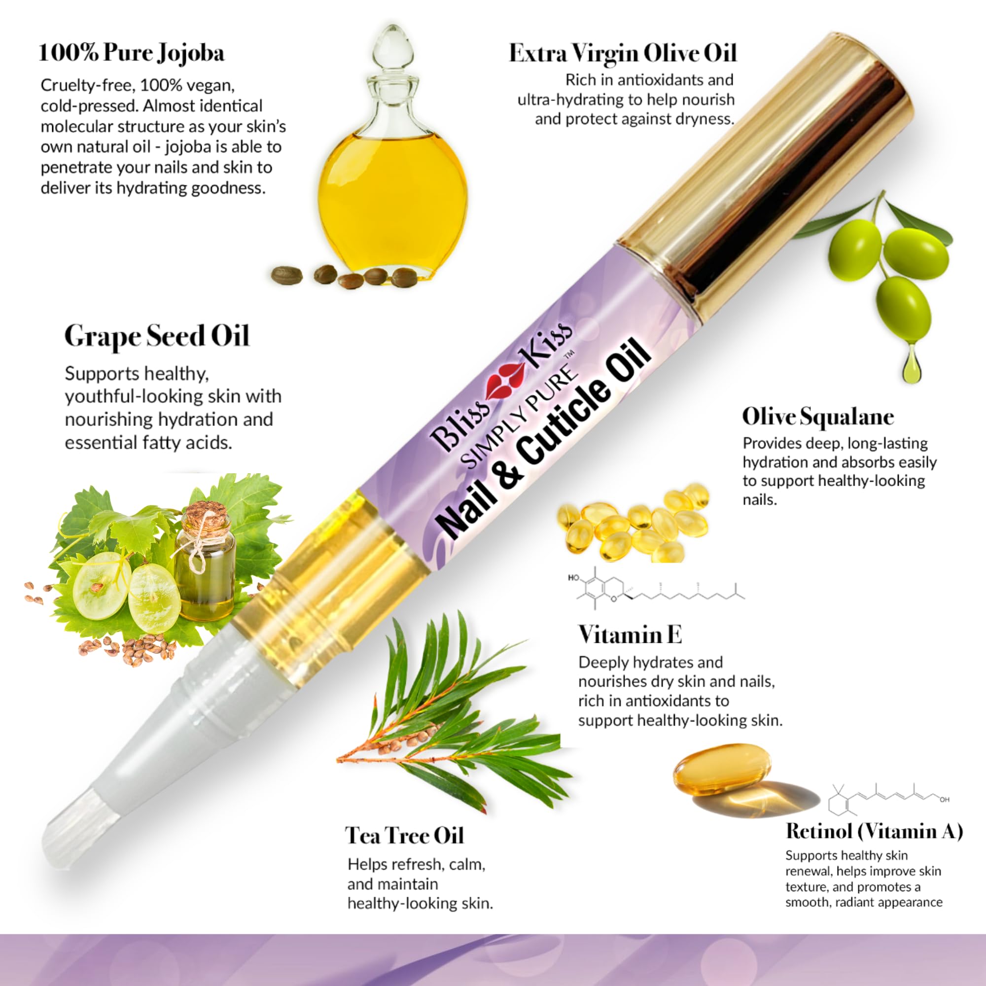Application précise du stylo Bliss Kiss sur cuticules, absorption rapide.