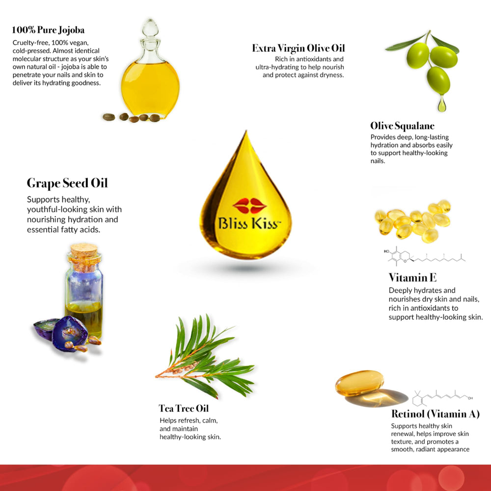 Bliss Kiss mélange jojoba: huile douce pour ongles et peau.
