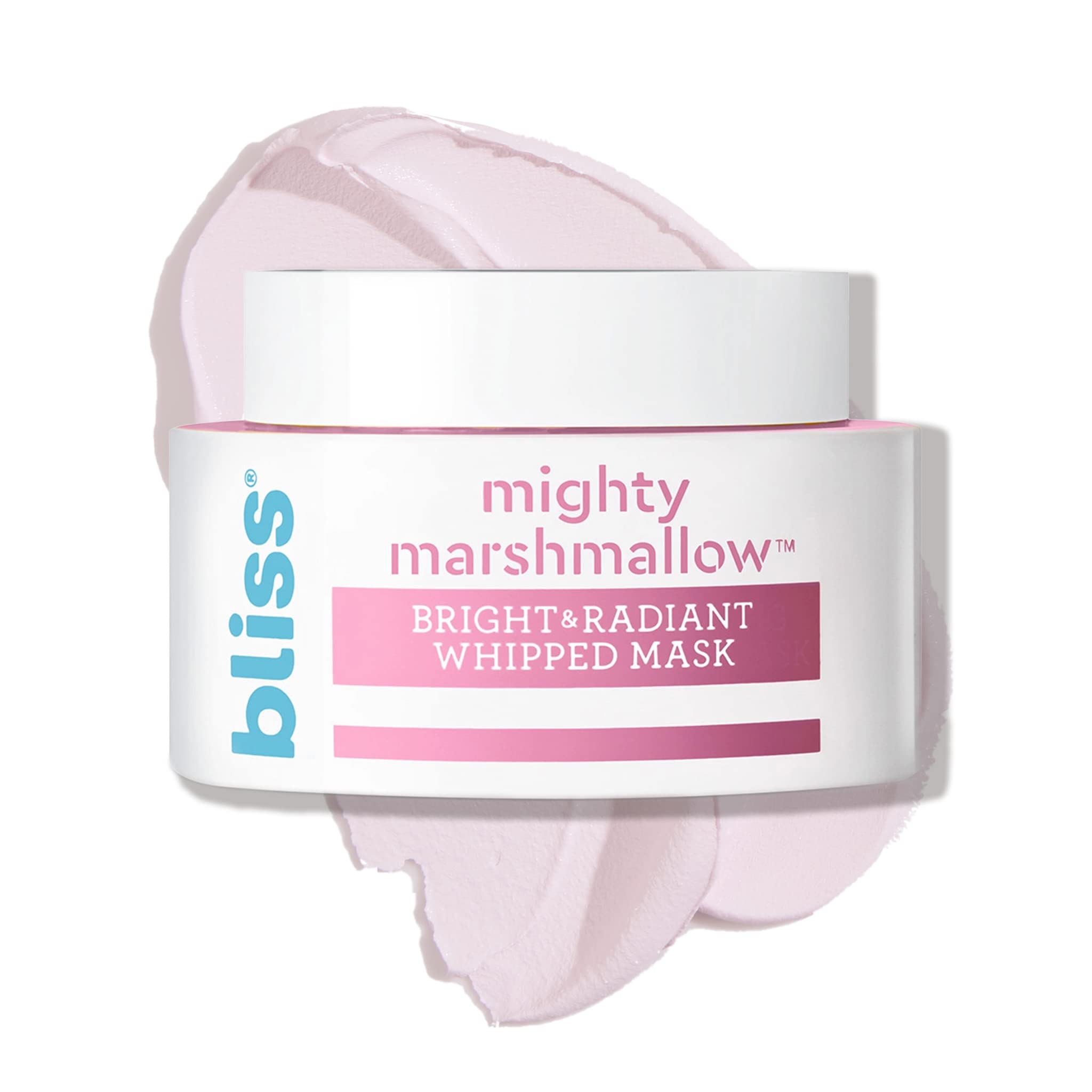 Bliss Mighty Marshmallow mask jar glows with moisture for radiant skin.