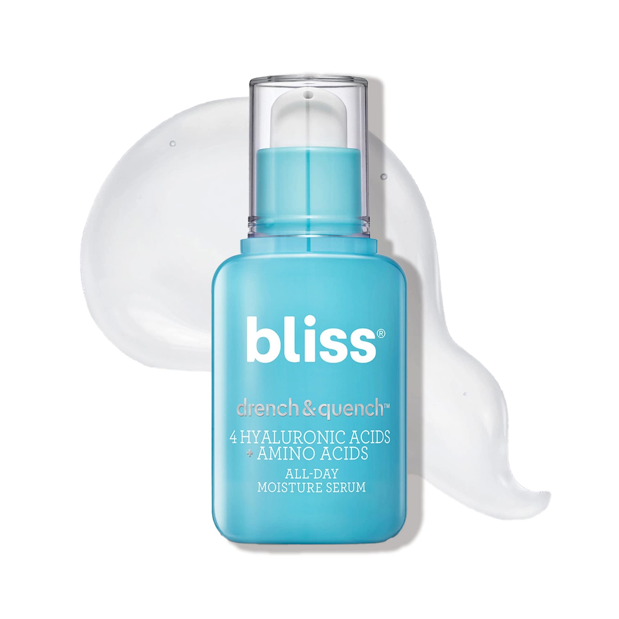 Sérum Bliss Hyaluronic Acid Drench & Quench en bouteille, hydratation légère pour peau sensible.
