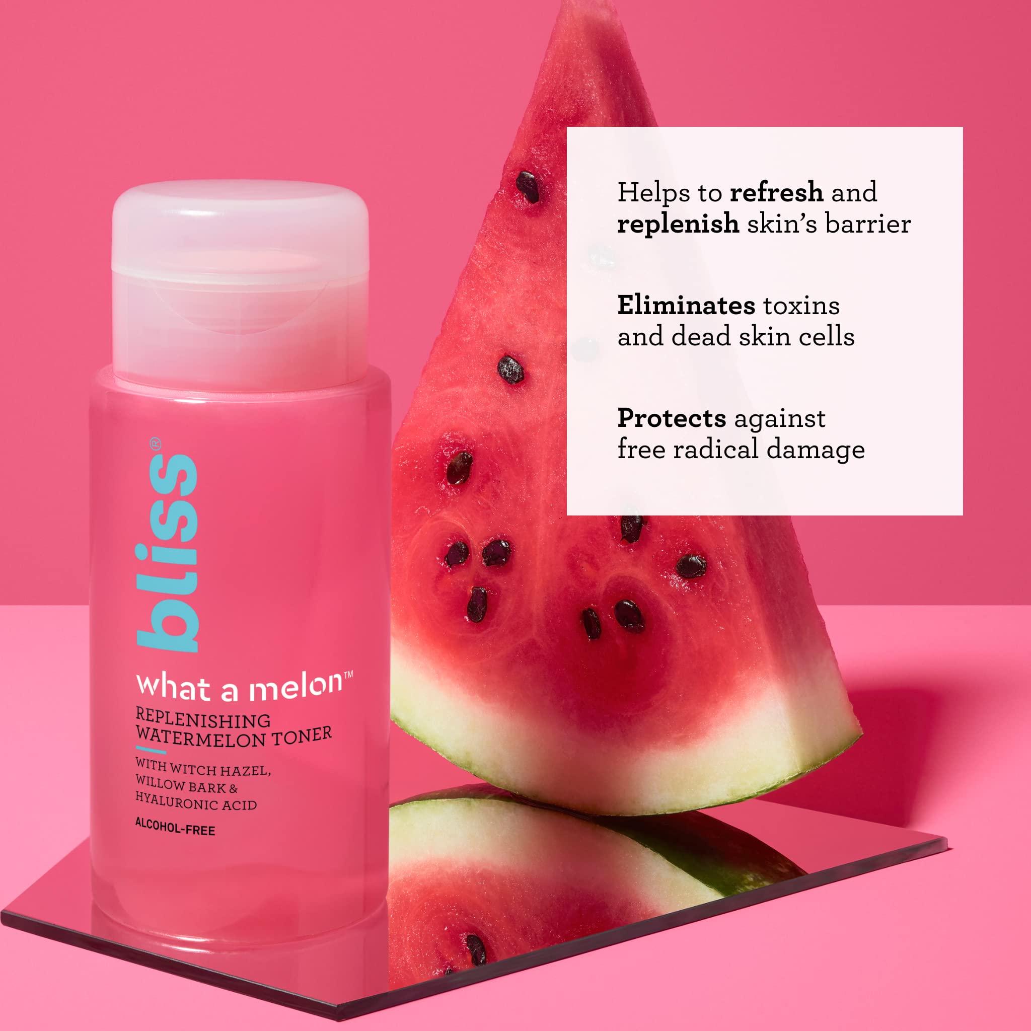Bliss What a Melon tonique – étiquette claire et design fruité.