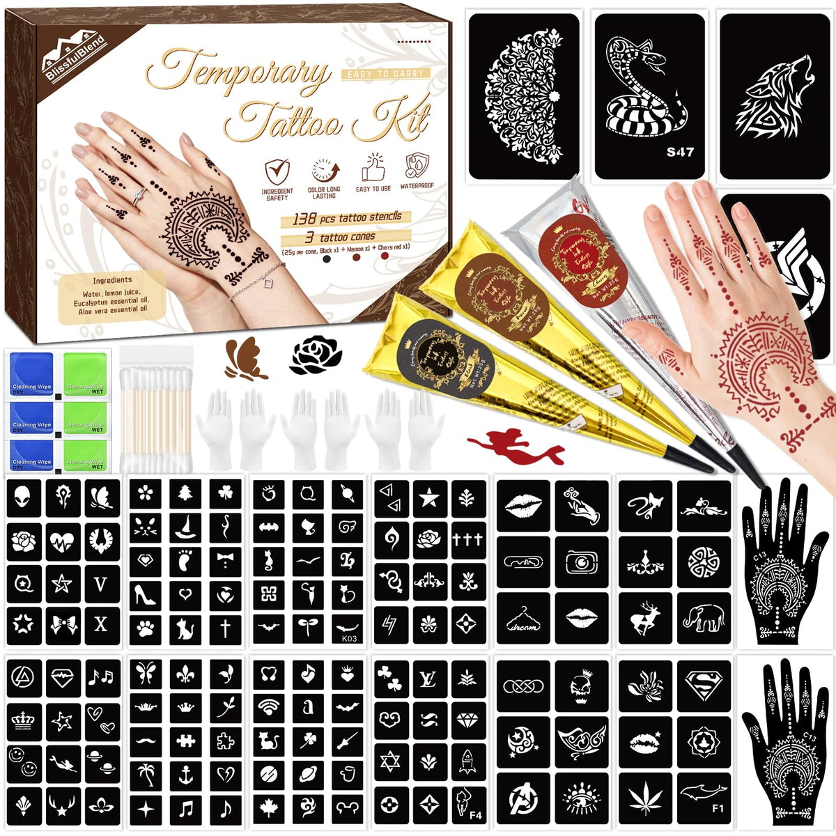 BlissfulBlend ensemble-tatouages-temporaires 146 pièces, prêt à personnaliser facilement.