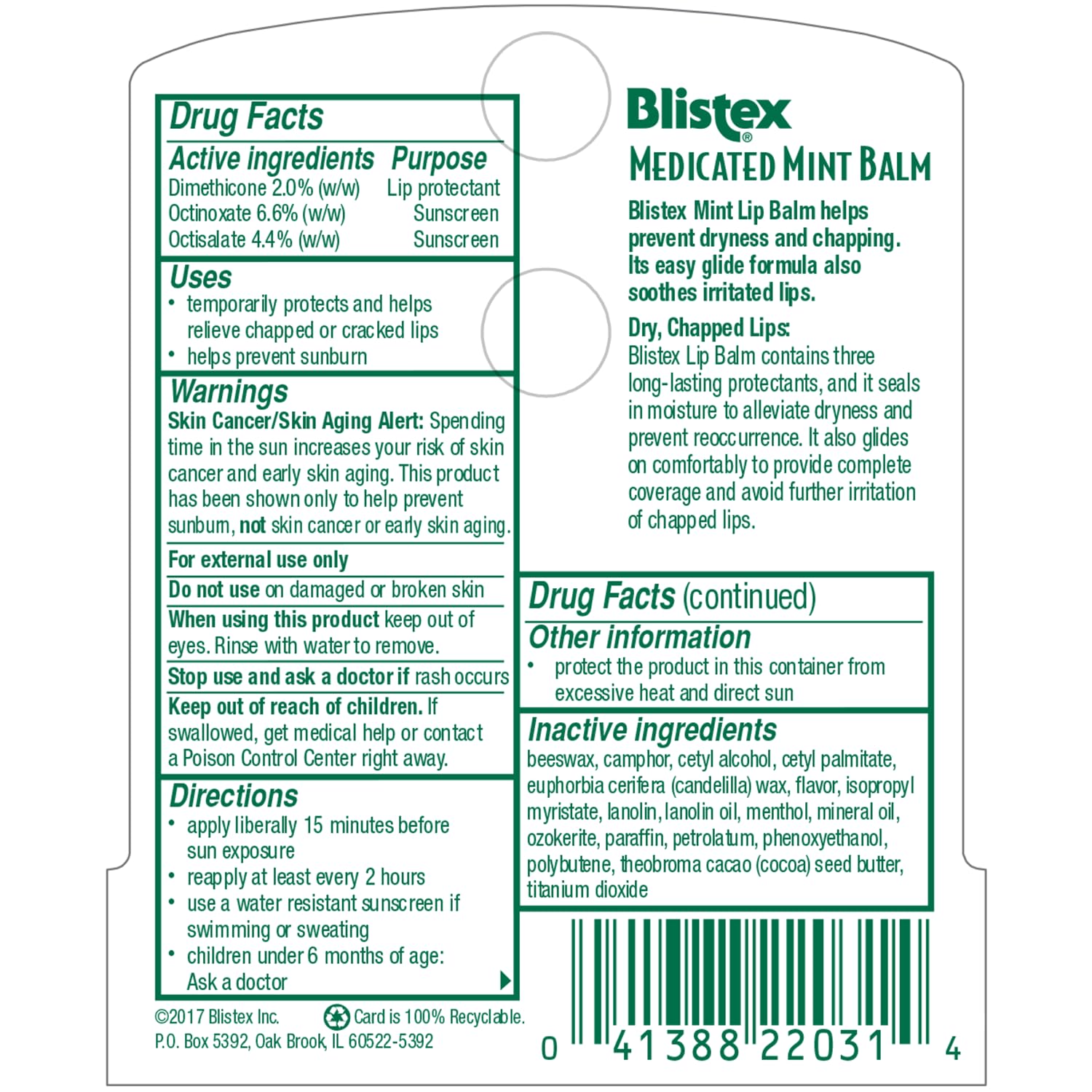 Blistex baume lèvres médicamenteux menthe — SPF 15 pour protéger du soleil.