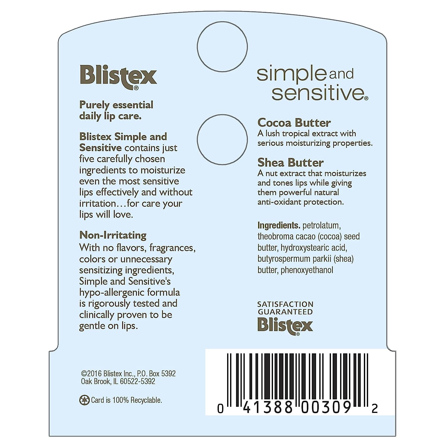 Baume lèvres Blistex Simple & Sensible, application douce pour lèvres sèches et sensibles.