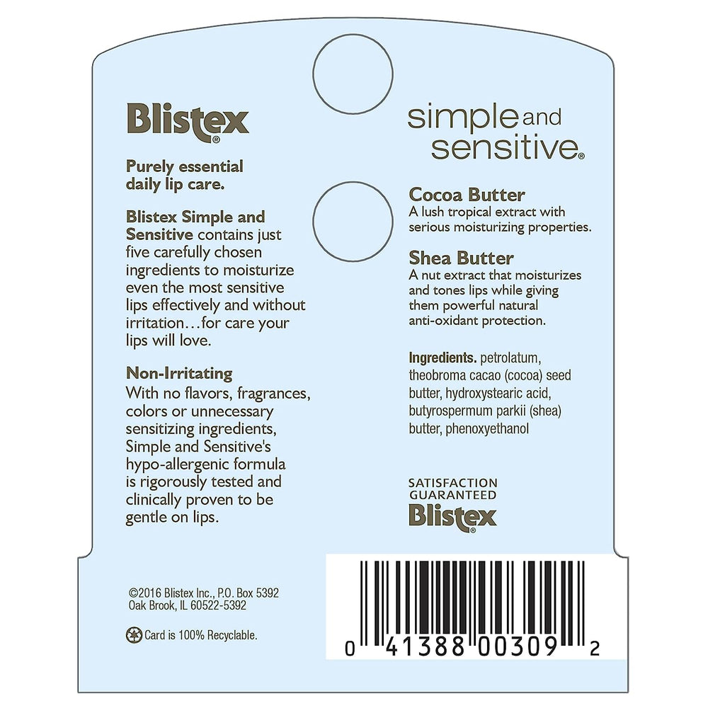 Baume lèvres Blistex Simple & Sensible, application douce pour lèvres sèches et sensibles.