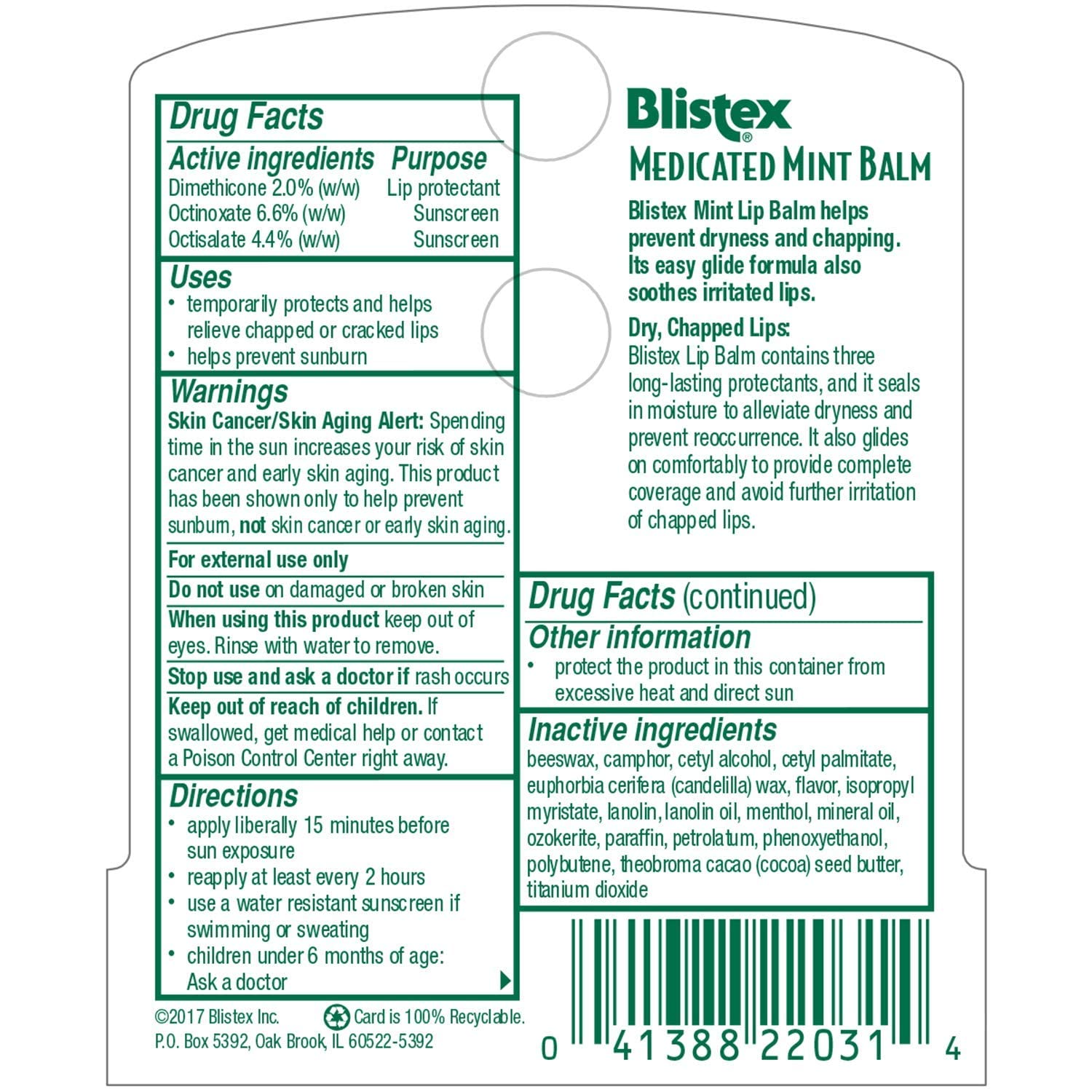 Tube portable Blistex Menthe SPF 15 parfait pour le sac ou la poche.