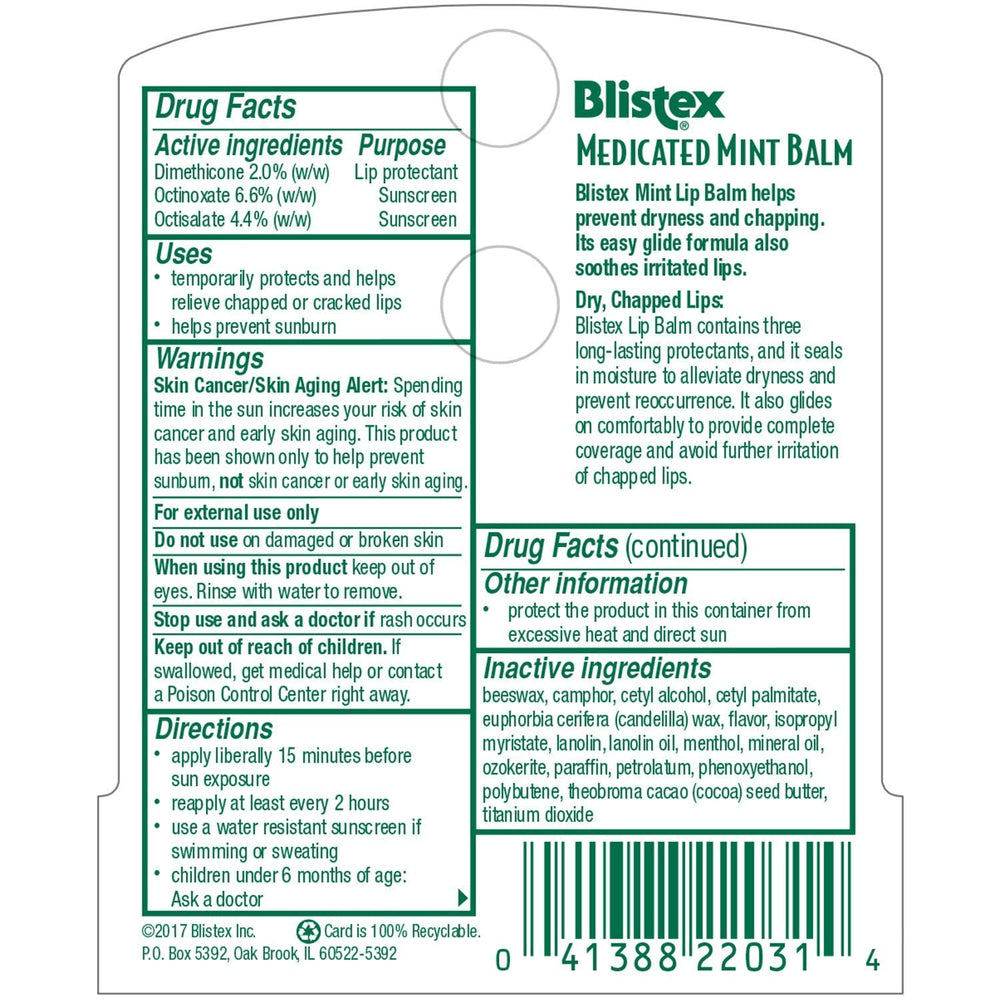 Tube portable Blistex Menthe SPF 15 parfait pour le sac ou la poche.
