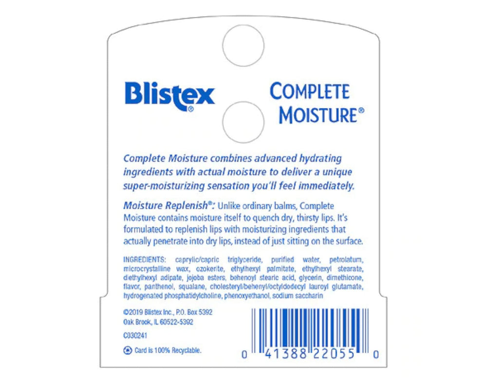 Emballage Blistex Complete Moisture - emballage compact et recyclable pour des retouches pratiques.