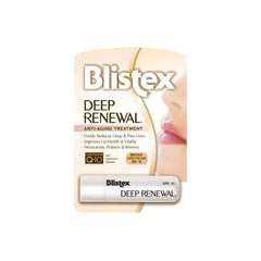 Blistex Deep Renewal lip balm tube front view showing hydration and SPF protection.