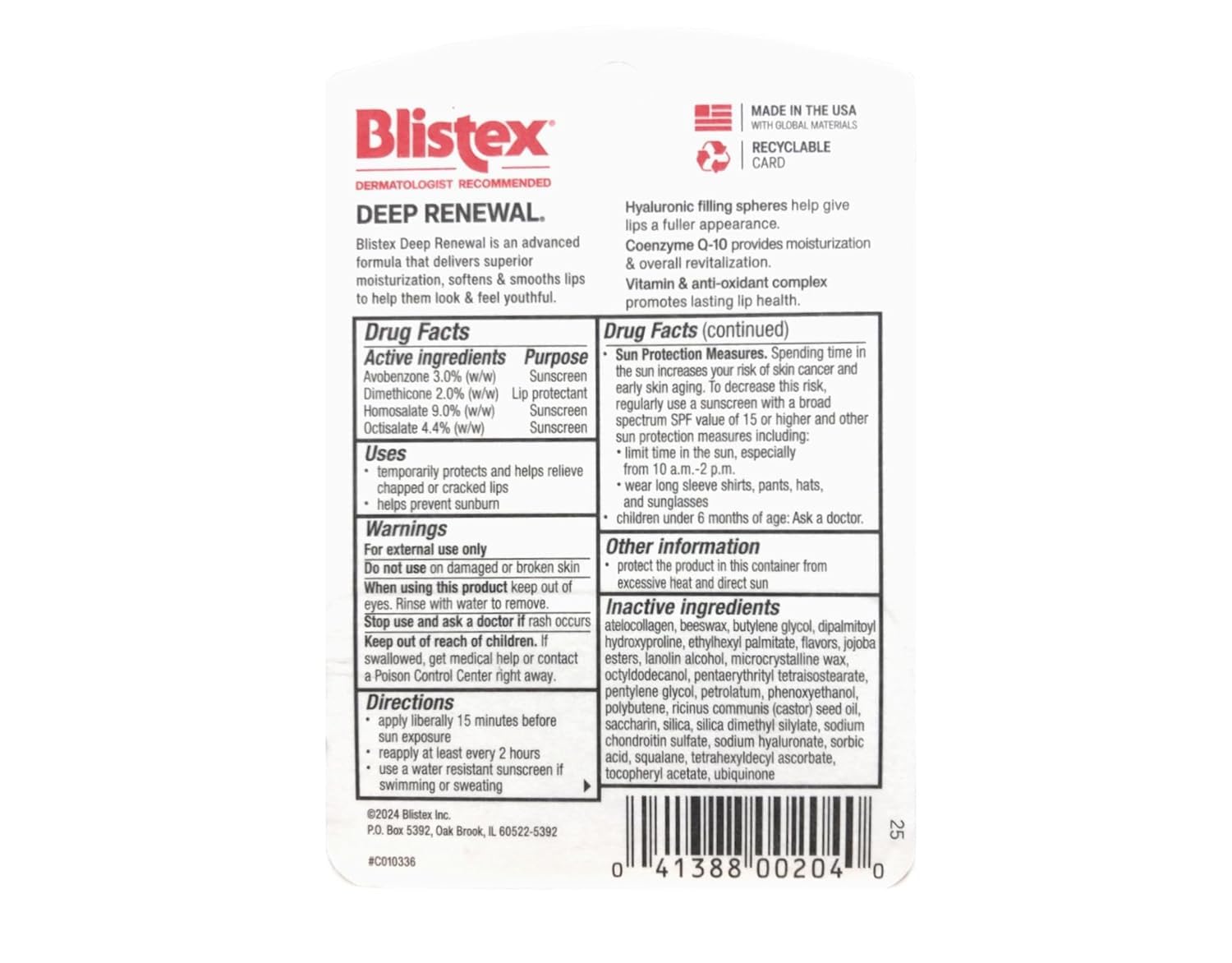 Blistex Deep Renewal SPF15 — protection UVA/UVB pour lèvres exposées au soleil.