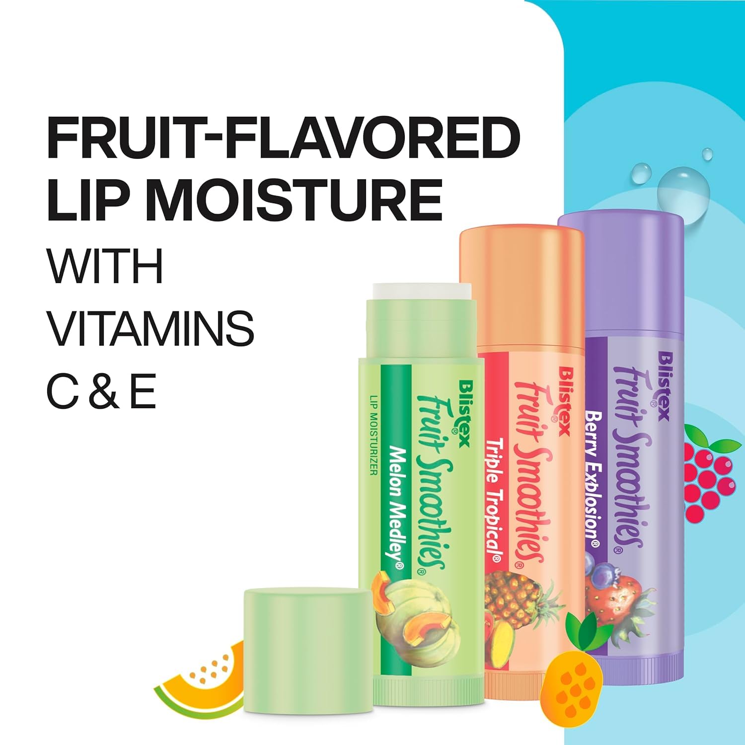 Blistex Fruit Smoothies: vitamines C et E incluses pour un soin cosmétique.