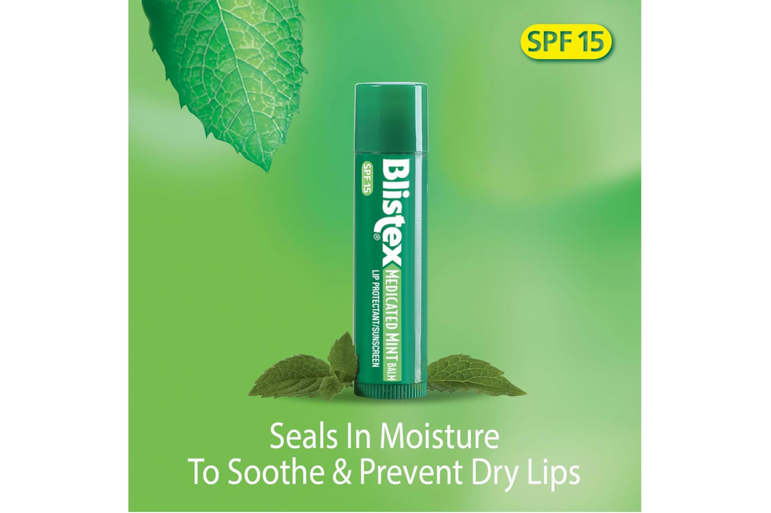 Blistex lip balm SPF 15 mint outer-pack on shelf