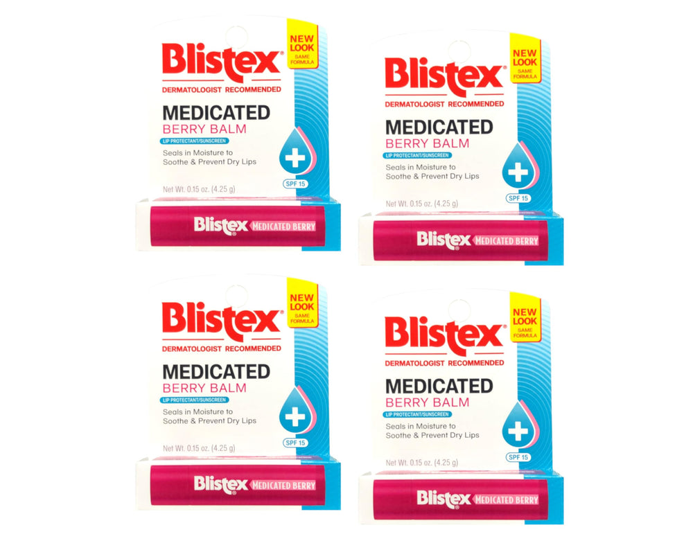 Pack quatre Blistex Medicated Berry Balm prêt à l'emploi pour toute la famille.