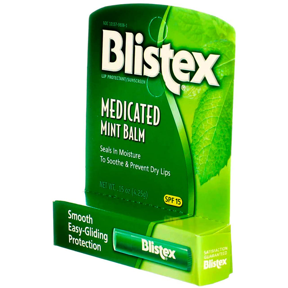 Blistex medicated mint balm SPF 15 application closeup illustrating smooth glide