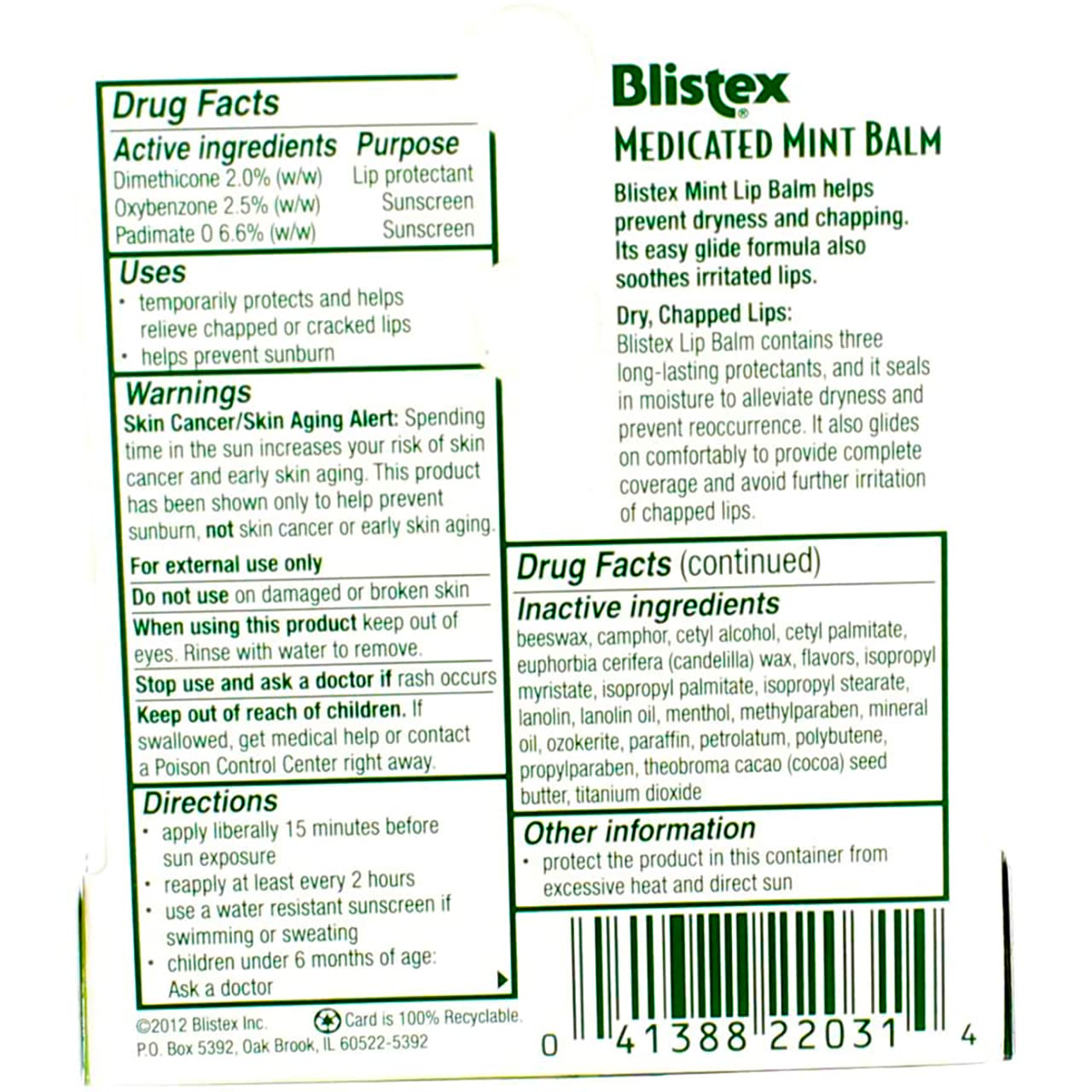 Blistex medicated mint balm SPF 15 tube cap view illustrates easy use