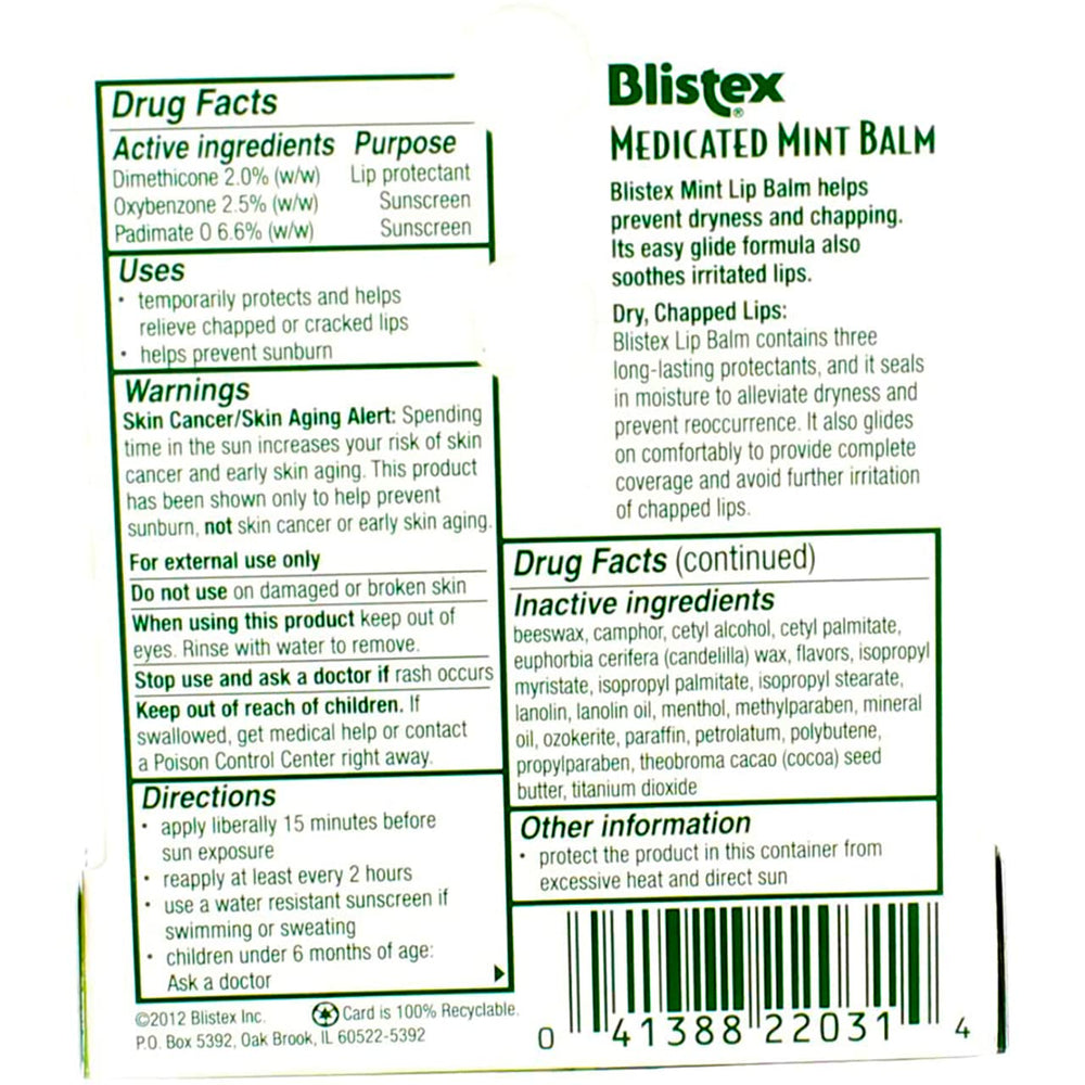 Blistex medicated mint balm SPF 15 tube cap view illustrates easy use
