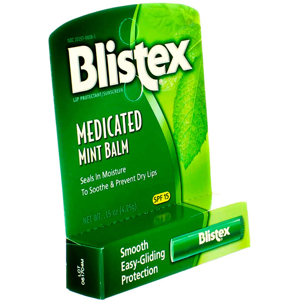 Blistex medicated mint balm SPF 15 tube side view highlighting portability