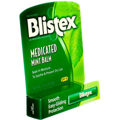 Blistex medicated mint balm SPF 15 tube side view highlighting portability