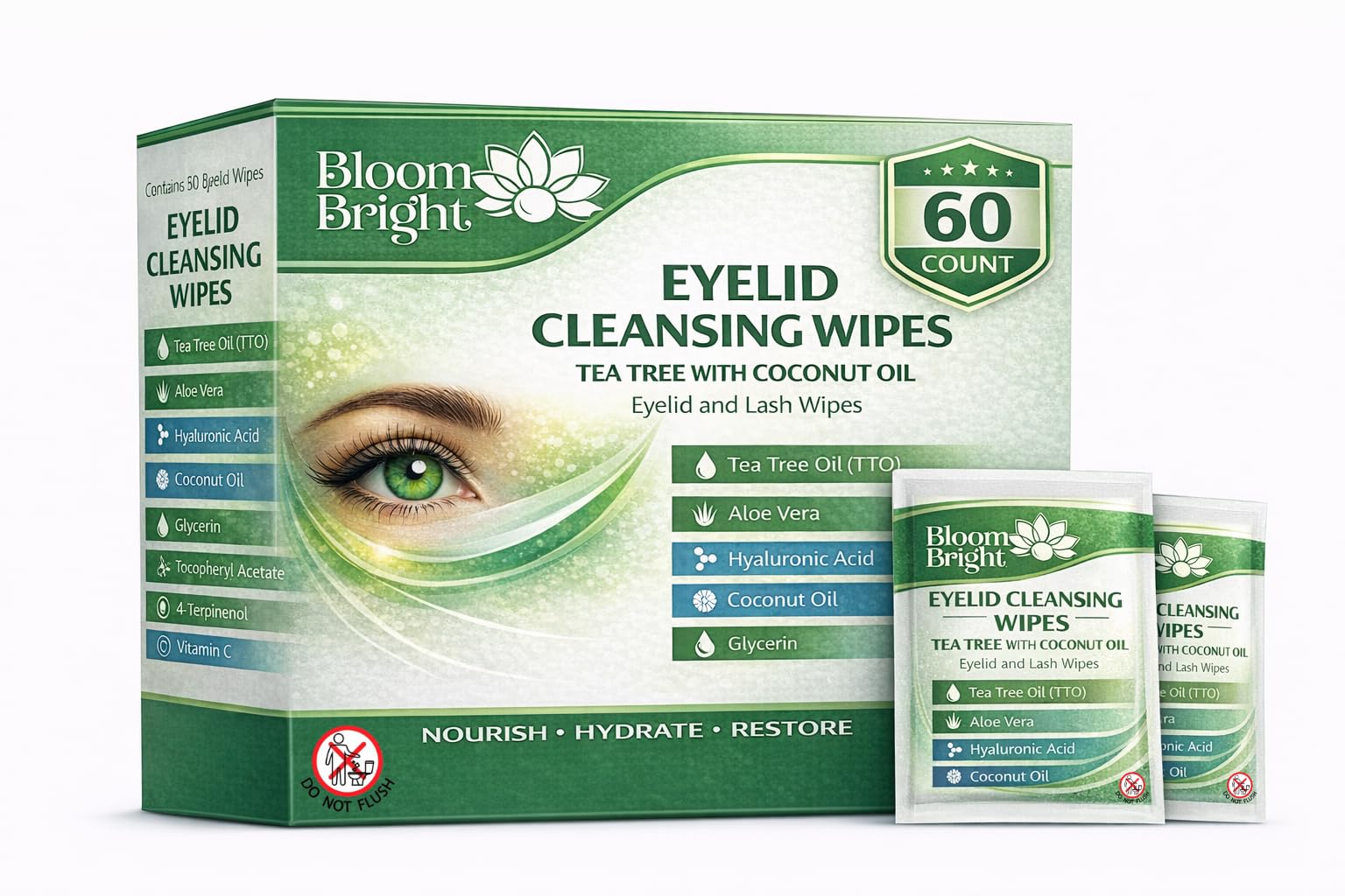 BloomBright lingettes nettoyage paupières et cils sans rinçage.