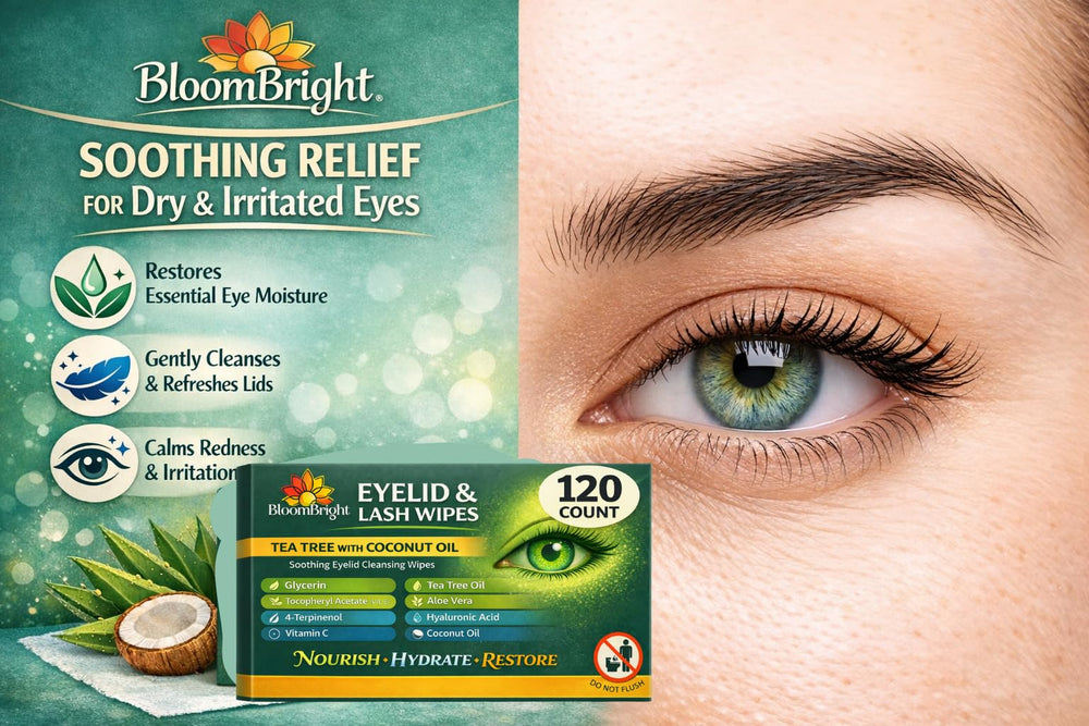 BloomBright lingettes yeux huile arbre-thé pour une sensation apaisante
