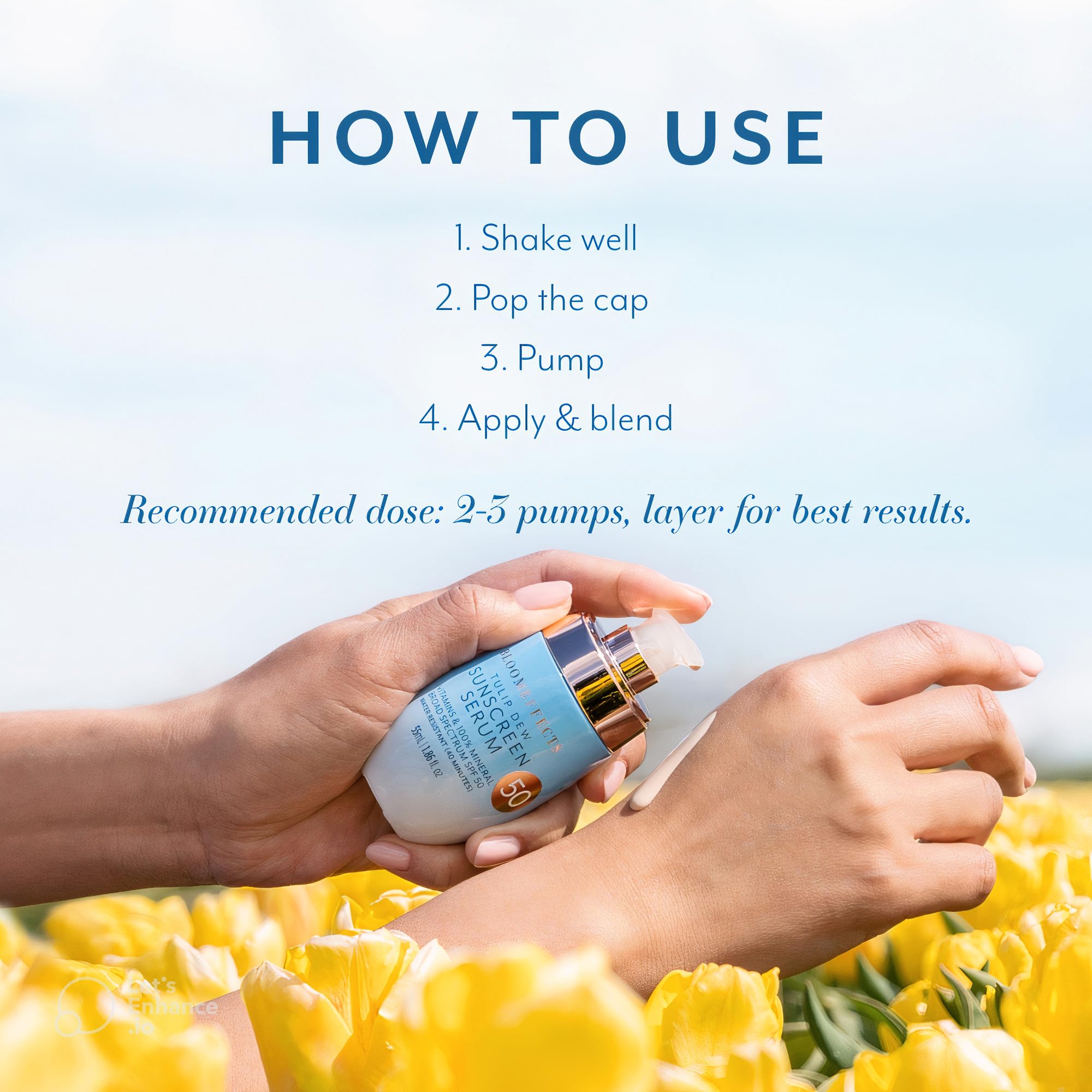 Teinte légère du Bloomeffects Tulip Dew Sunscreen Serum pour un fini lumineux