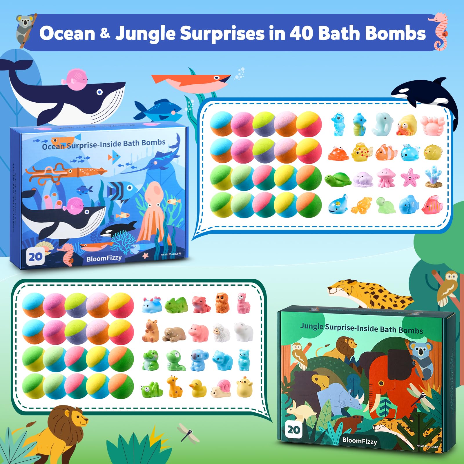 BloomFizzy bombes-bain jungle: expérience sensorielle et animaux surprises pour l’imagination.