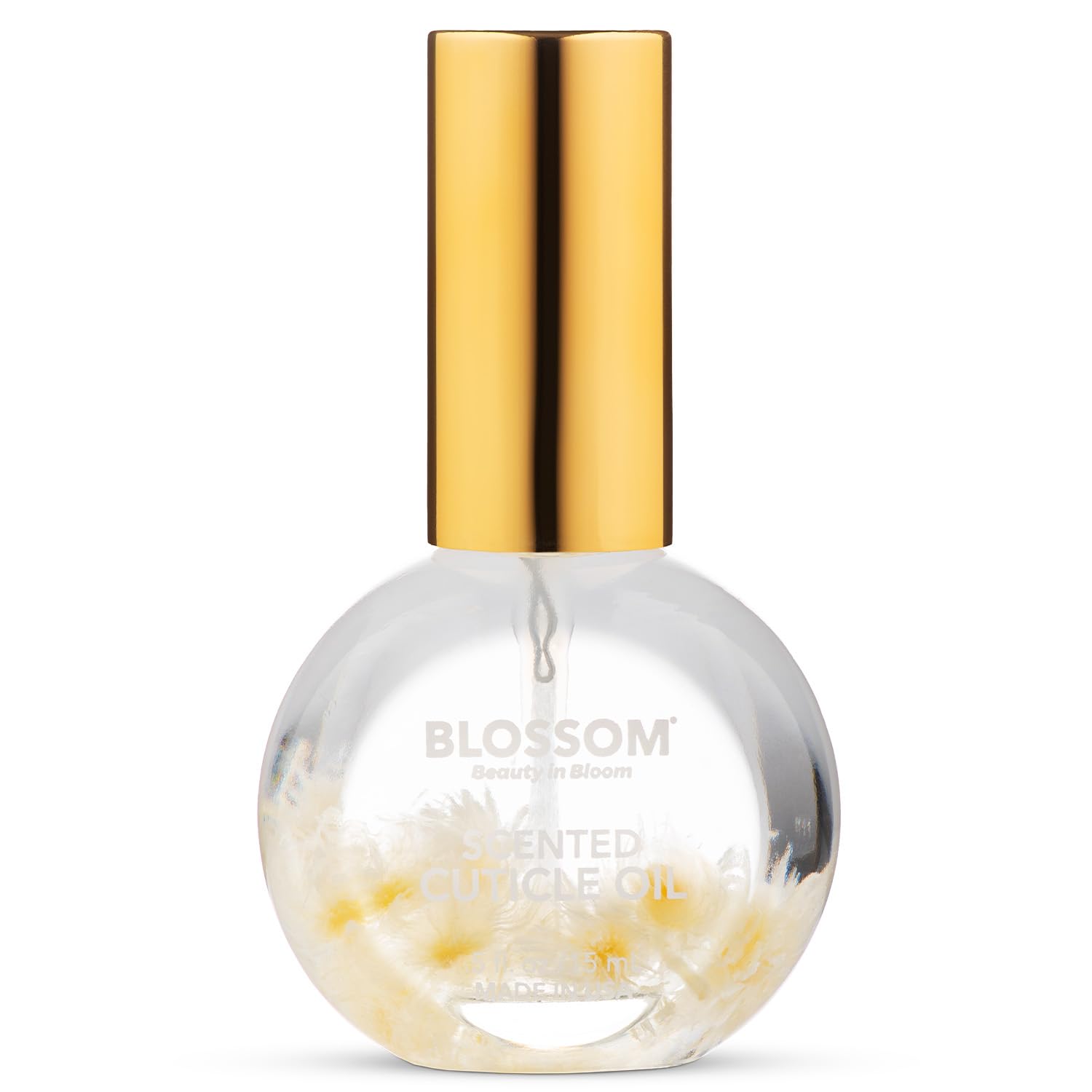 Blossom Cuticle Oil flacon 0,5 oz avec fleurs réelles pour hydrater les cuticules.