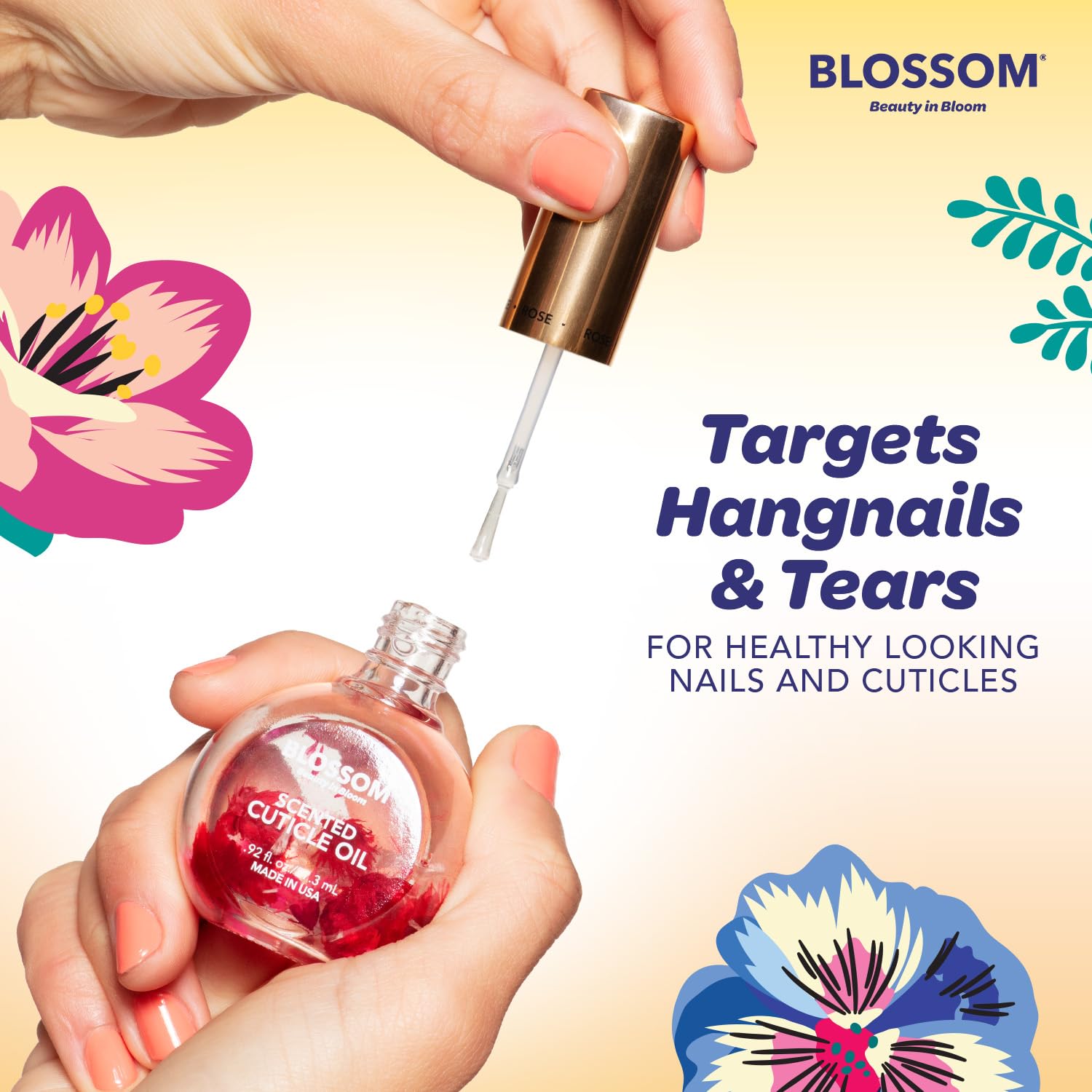 Ingrédients naturels et vegan dans Blossom Cuticle Oil pour une routine sûre.