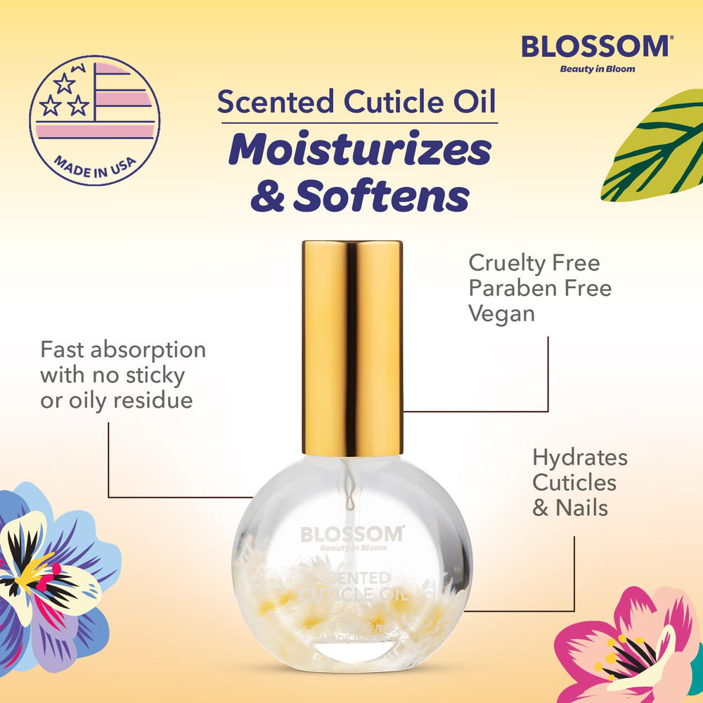 Packaging verre élégant de Blossom Cuticle Oil, look chic et durable.